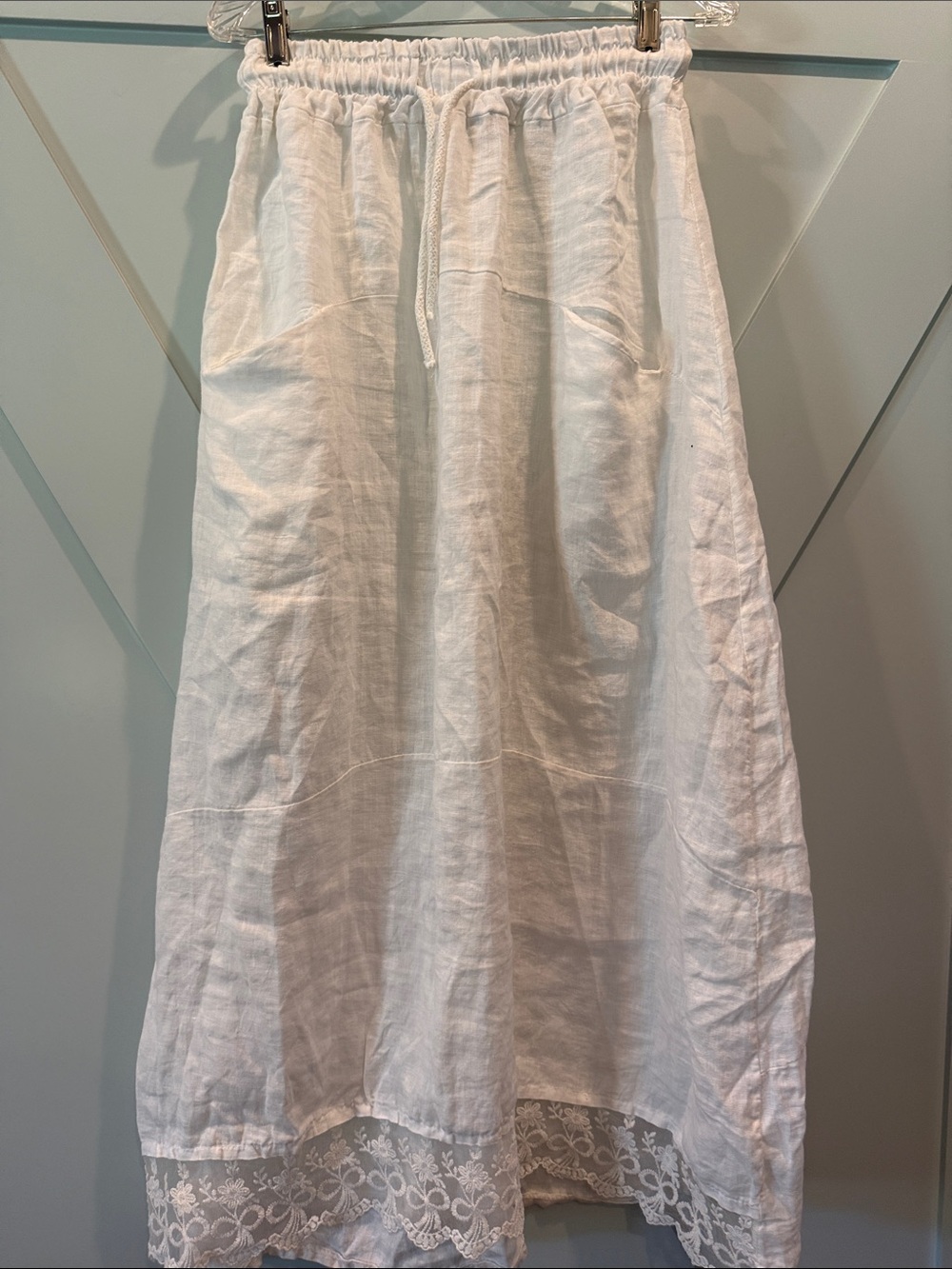 Sundance White Linen Drawstring Maxi Skirt with Lace Trim